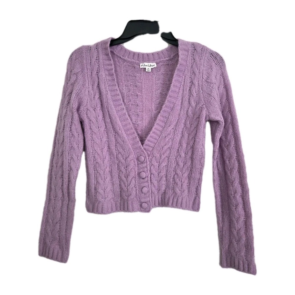 For Love‎ & Lemons Sz XL Billie Button Cardigan V-Neck Cropped Purple Cable Knit